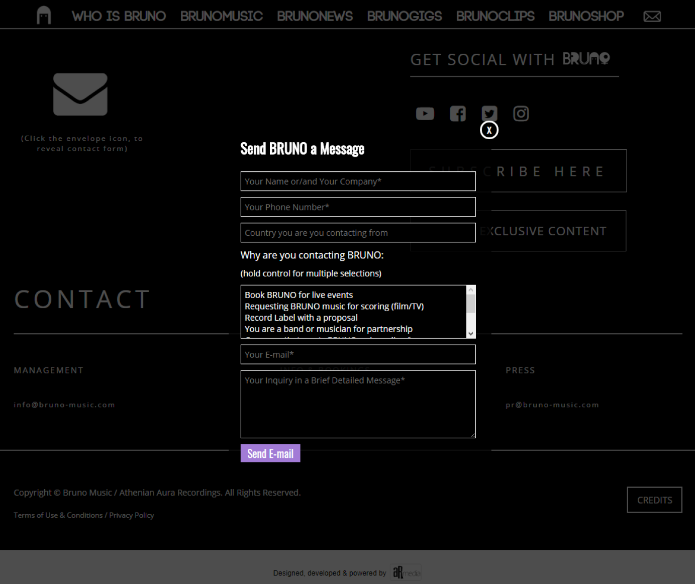 Website for BRUNO Music Artist by AR media