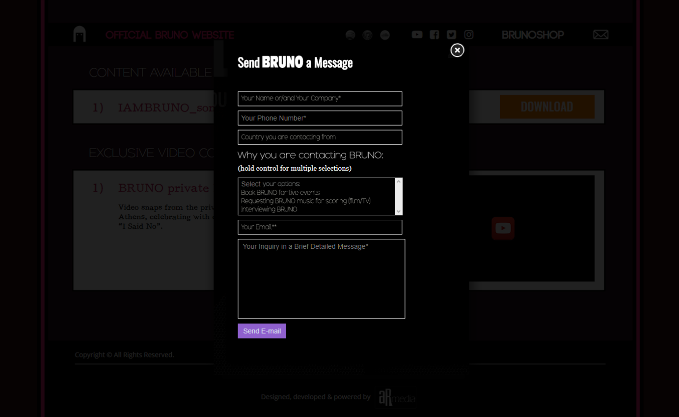 Website for BRUNO Music Artist by AR media