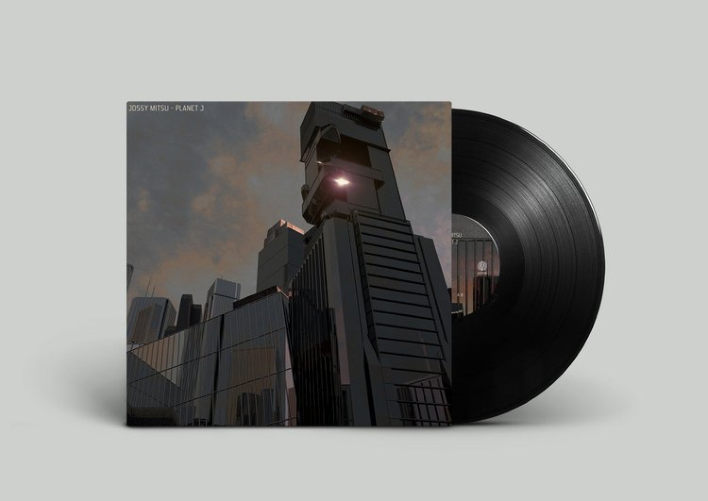 Image shows a vinyl front cover featuring tall grey-blue glossy buildings generated from digital 3D, against a grey and brown sky.