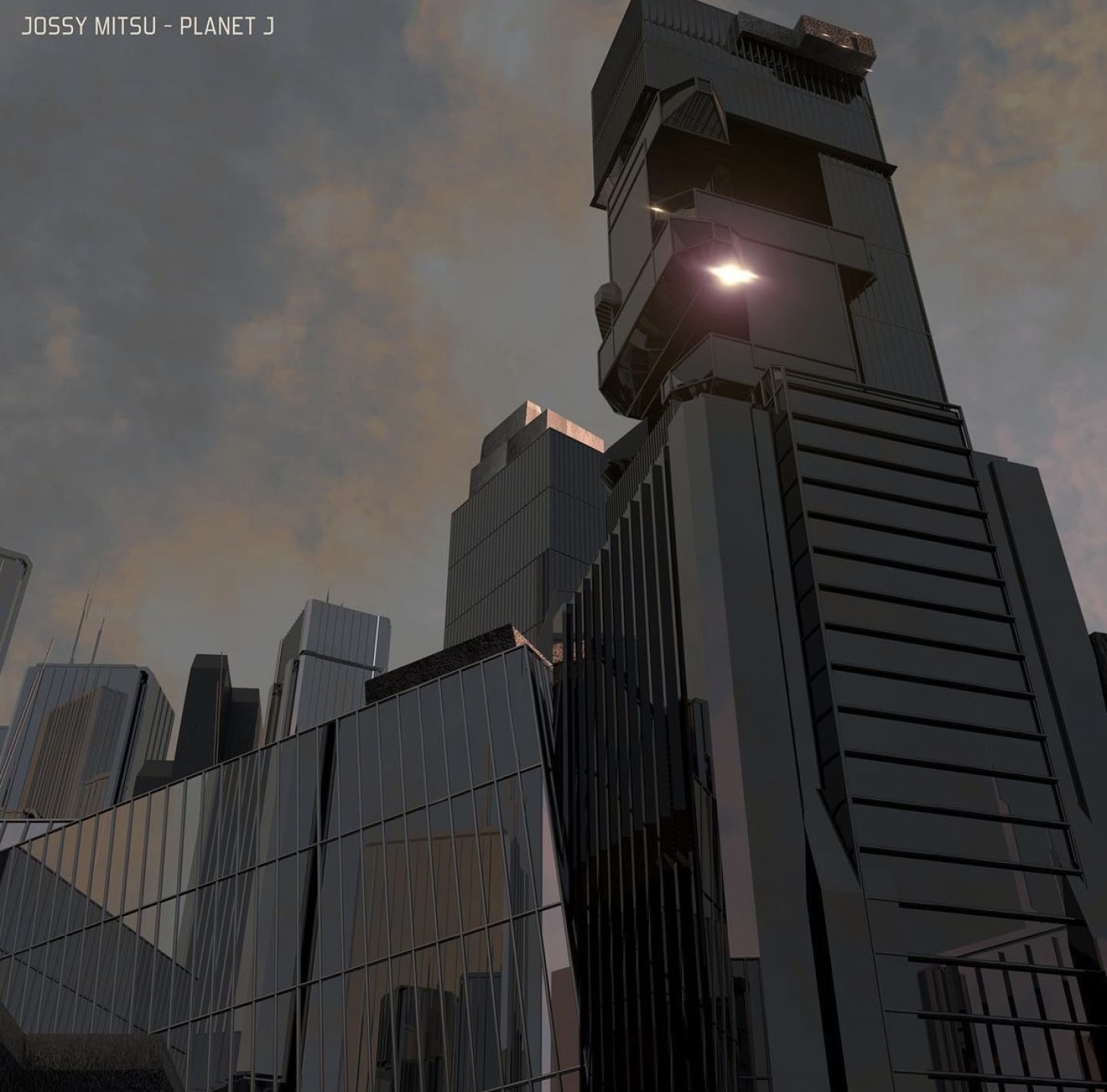 Image shows the vinyl front cover - glossy reflective 3D buildings against a browny grey sky.