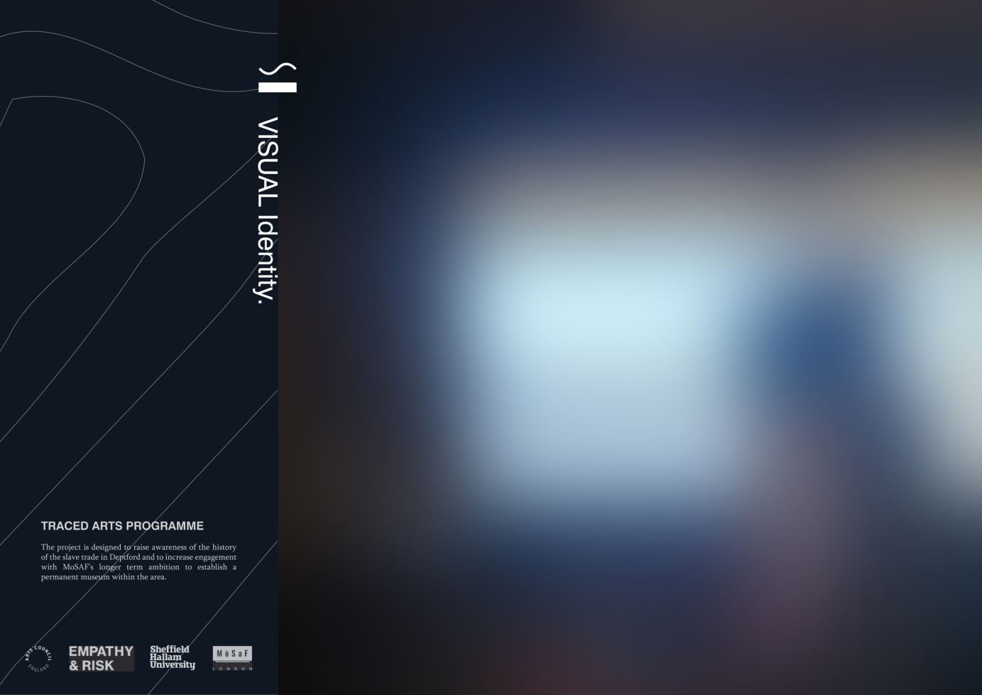 A landscape cover page for the graphic charter describing the Rove Studio visual identity design for Traced Arts program, commissioned by Empathy & Risk in collaboration with the Museum of Slavery and Freedom, Deptford.