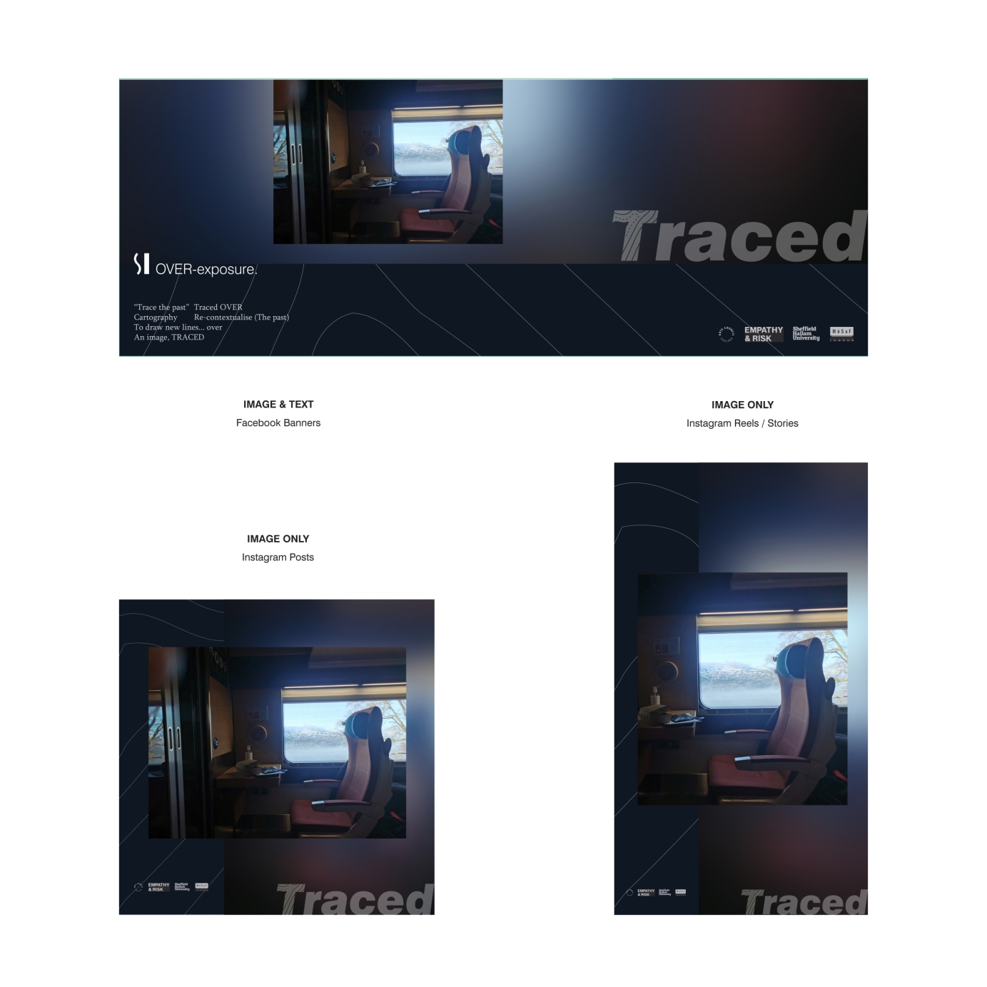 Various image dimensions and social media formats for Rove Studio visual identity design for Traced Arts program, commissioned by Empathy & Risk in collaboration with the Museum of Slavery and Freedom, Deptford.