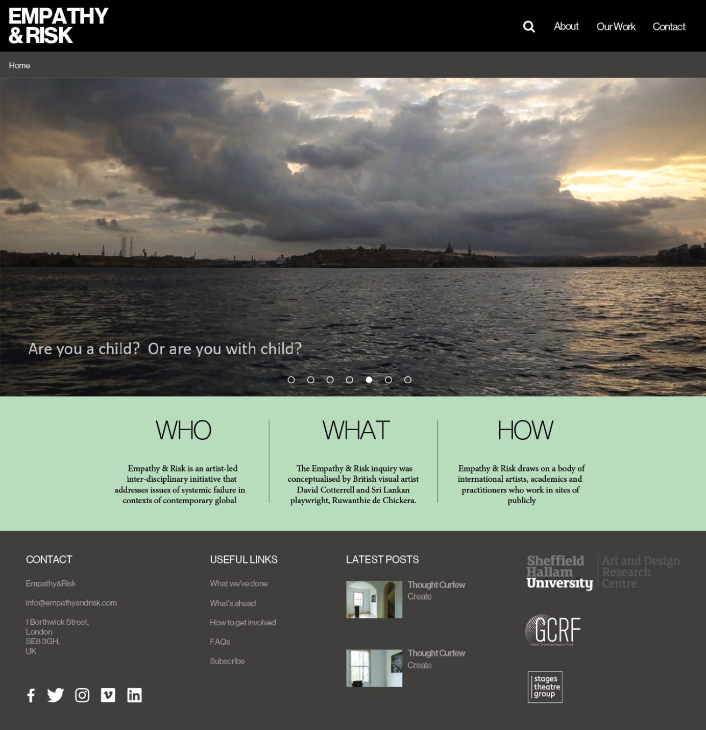 Website design for fine art platfrom Empathy and Risk, designed by Rove Studio. Image depicts the landing page to the website.