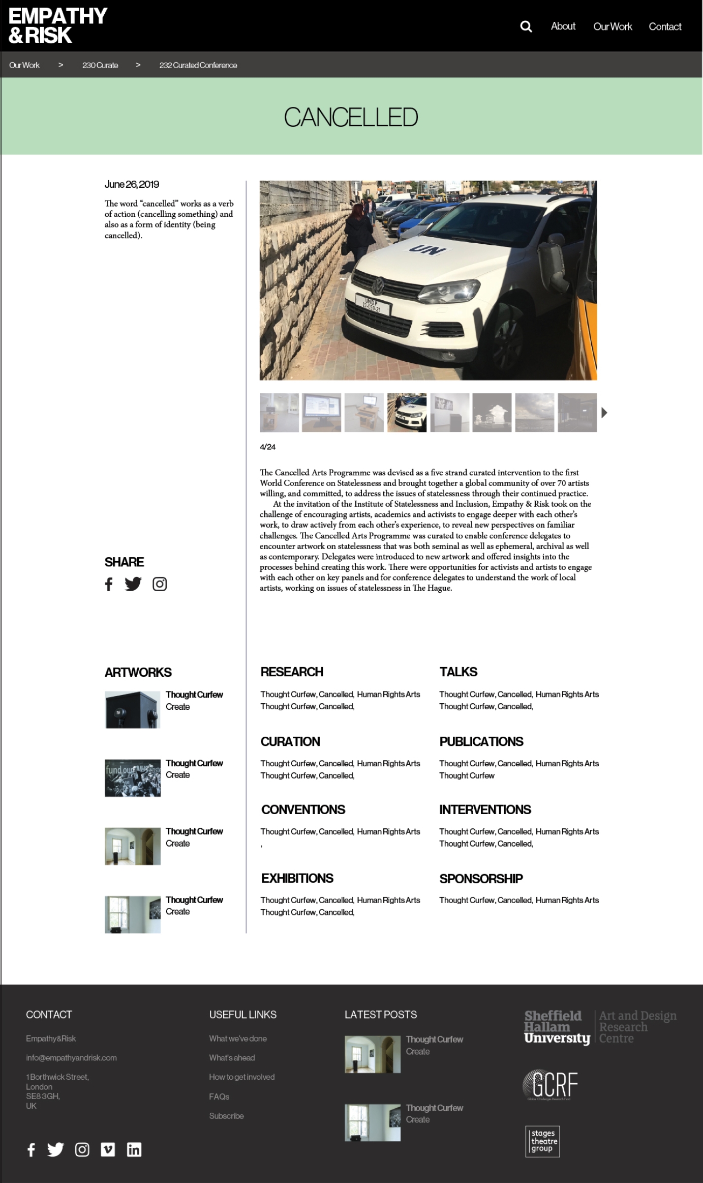 Website design for fine art platfrom Empathy and Risk, designed by Rove Studio. Image depicts the landing page to the website.
