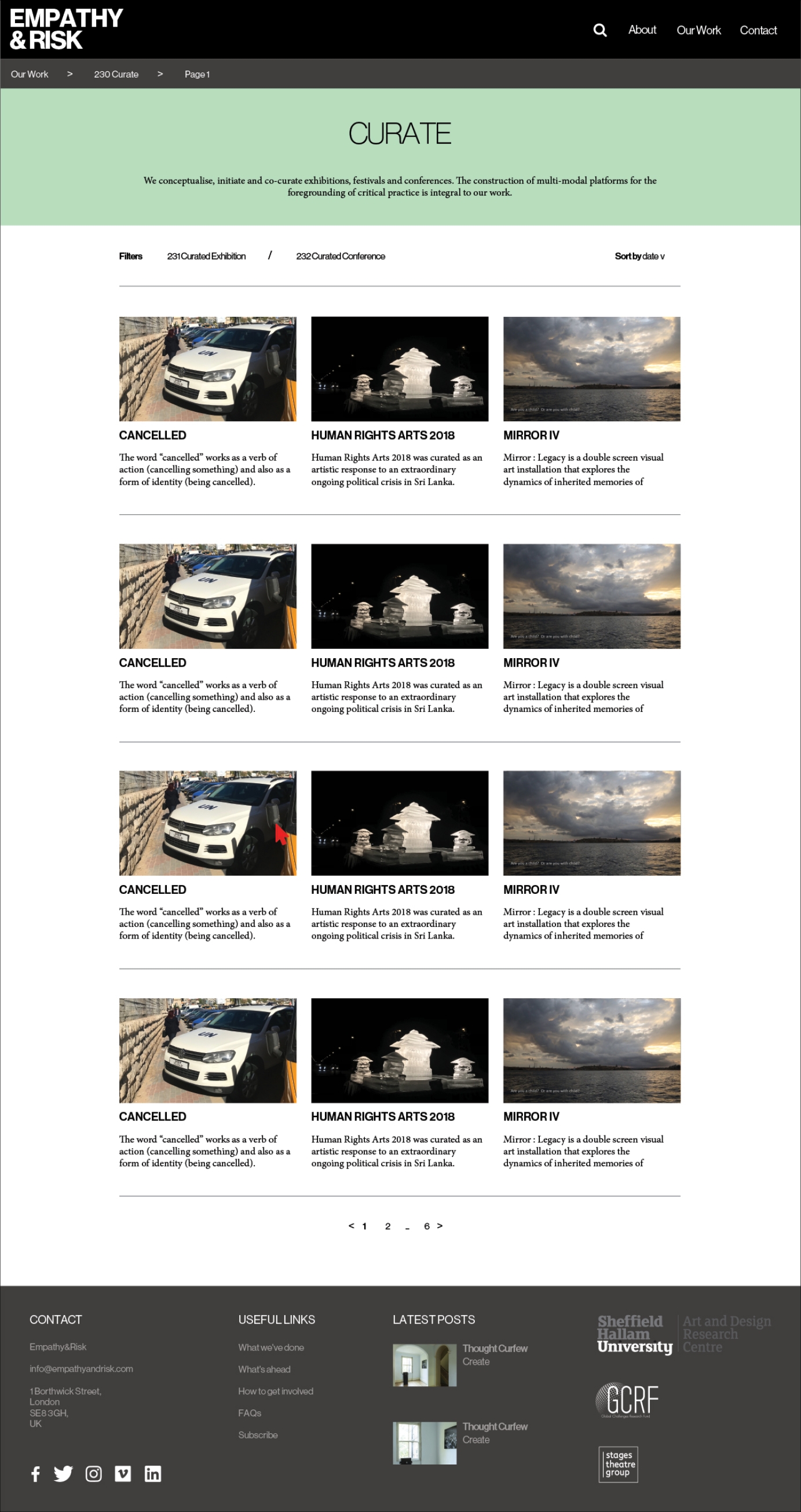 Website design for fine art platfrom Empathy and Risk, designed by Rove Studio. Image depicts the landing page to the website.