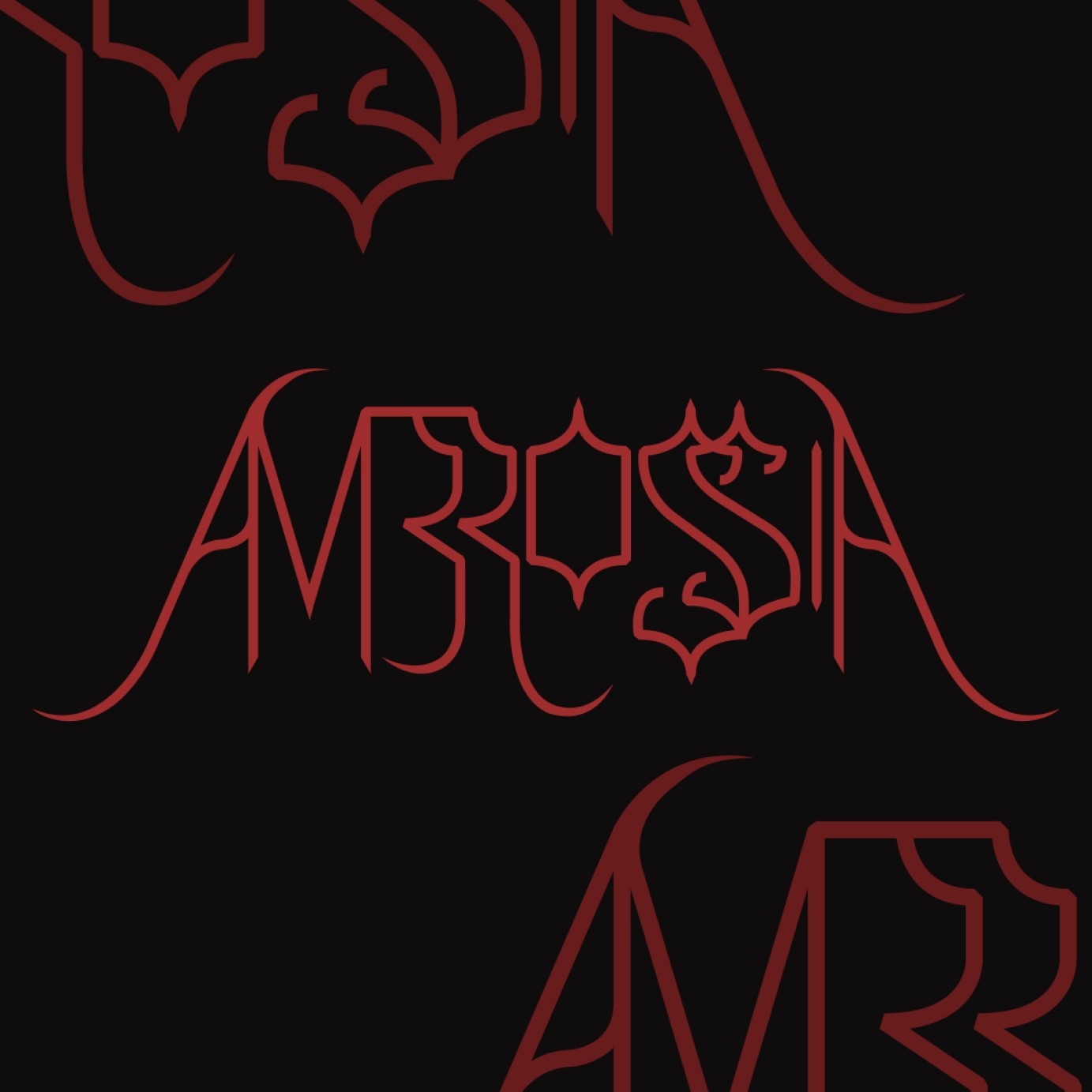 Red gothic geometric logo on a black background, reading "Ambrossia"