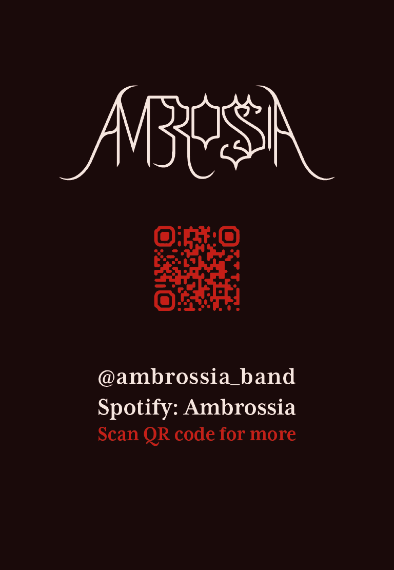 A dark red business card design, with off-white text reading "Ambrossia" and their social media. In the centre, there is a QR code linking to their Spotify. 