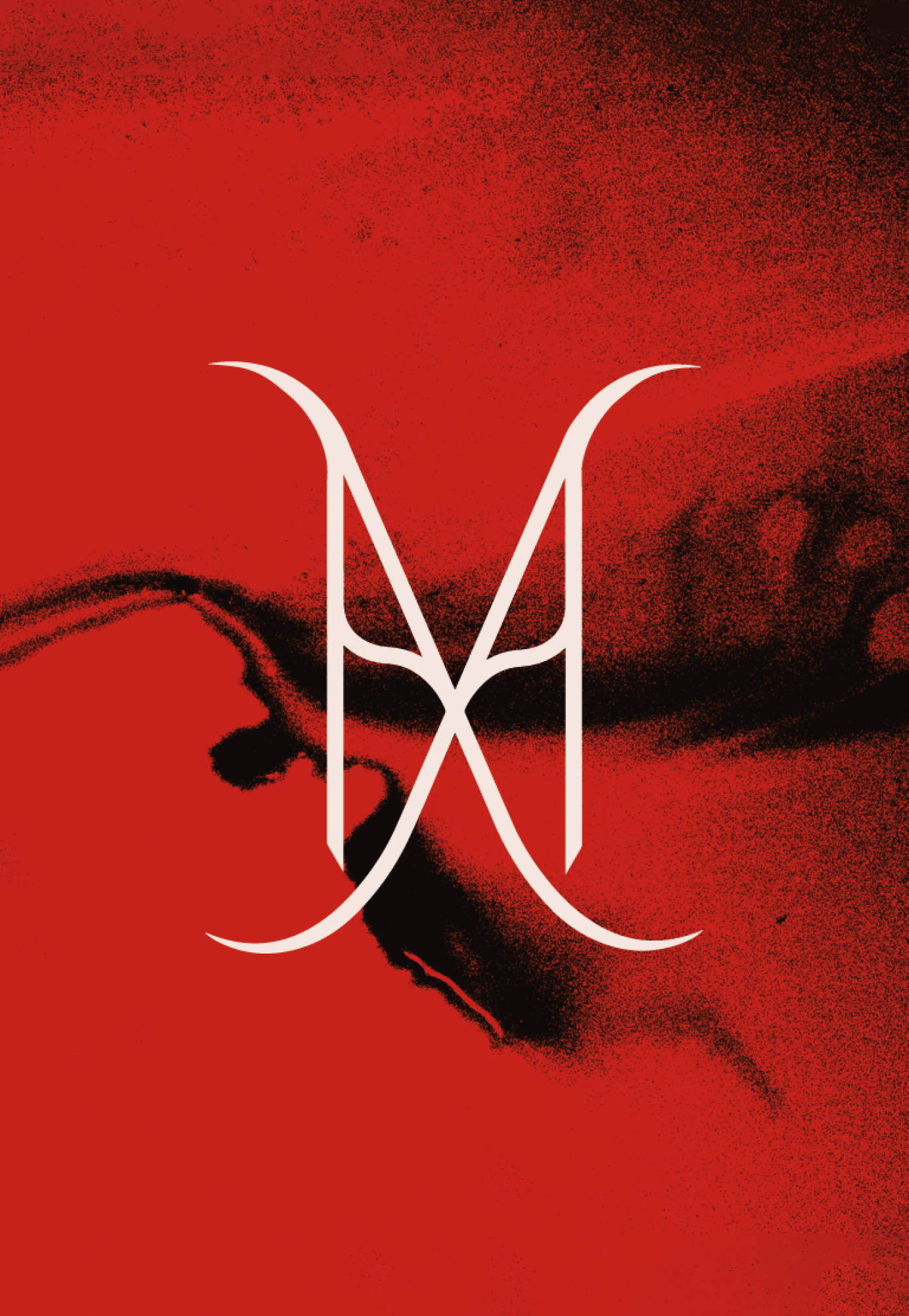 A red business card design with a grainy image of black ink running into a pool of water. In the foreground, there's the Ambrossia icon in off-white. 