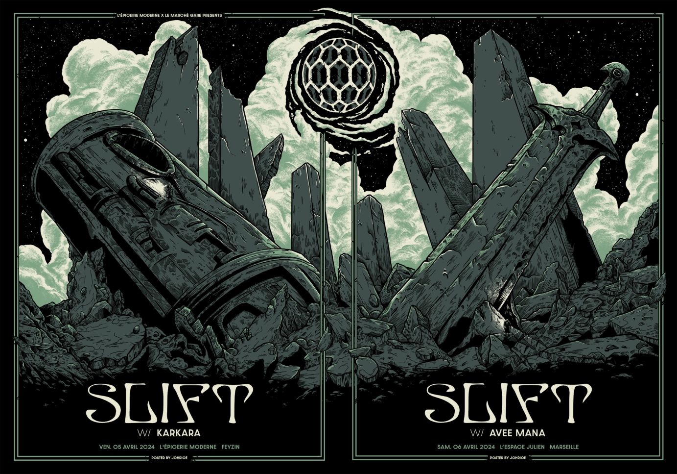 Diptych posters for SLIFT concerts in Lyon and Marseille. Inspired by Alien's Derelict discovery.