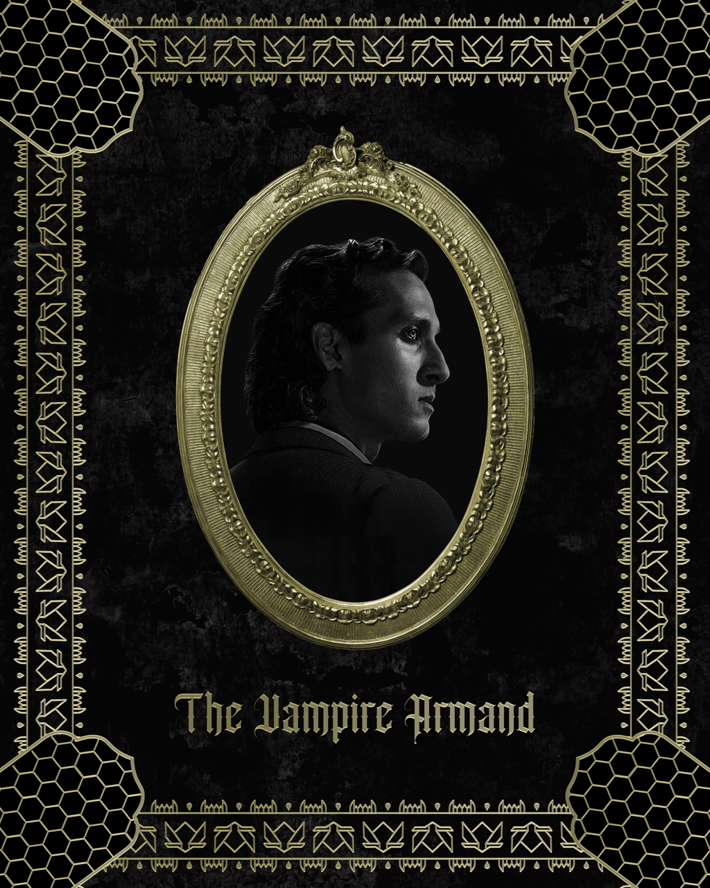 This is a poster featuring Assad Zaman's Armand. This was created for a fan-organised birthday online exhibition in 2025 (check it out here!). His side profile is visible. The slightly-distressed photograph is in black-and-white and is inside an ornate oval-shaped gold frame. This photo frame is placed over a distressed black background.  The border around this poster is the piece de resistance - the corner pieces of this have been inspired by the horseshoe arch and hexagon-shaped jali screens - two common 