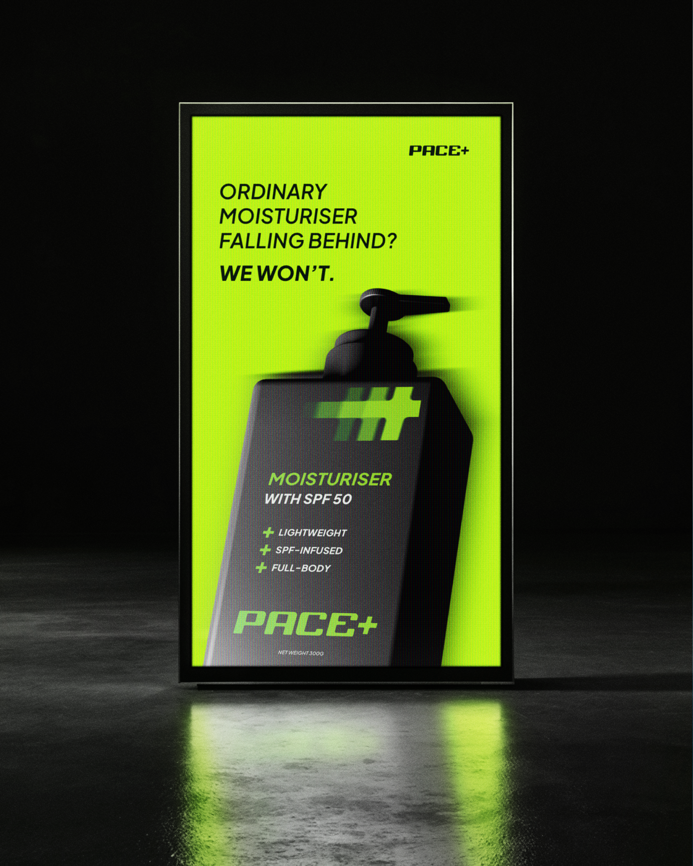 A poster on a billboard for the fictional skincare brand "Pace+"