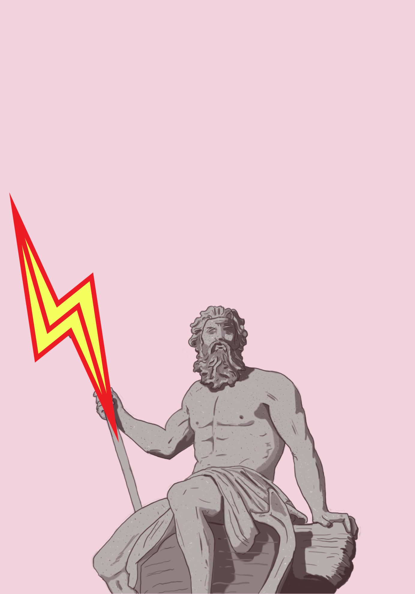A digital collage of an image of Zeus sitting with a yellow lightning bolt held upright in his hand and with a pink background. 