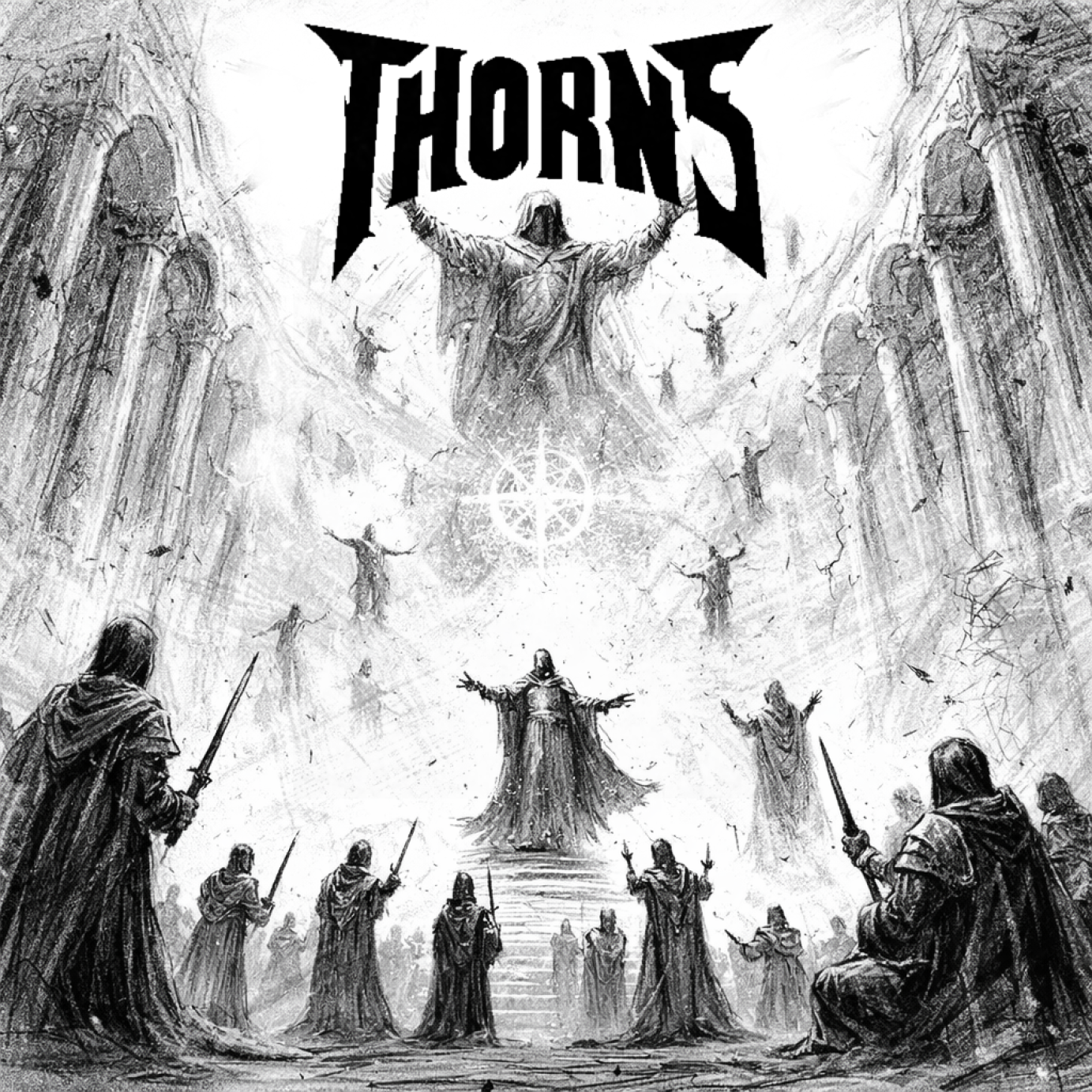 Black and white illustrated album cover concept for Thorns featuring robed figures in a cathedral setting.