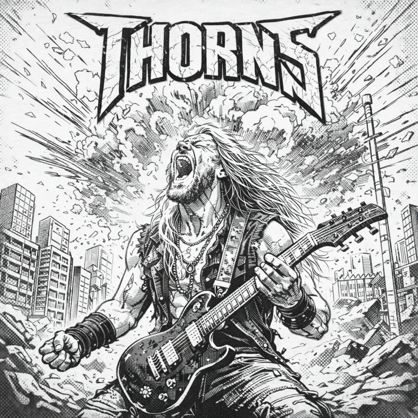 Black and white comic-style album cover concept for Thorns featuring a long-haired guitarist shredding in a destroyed city.