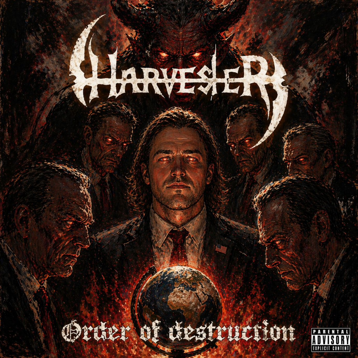 Dark photorealistic album cover for Harvester featuring demonic figures surrounding a man in a suit holding a burning globe.