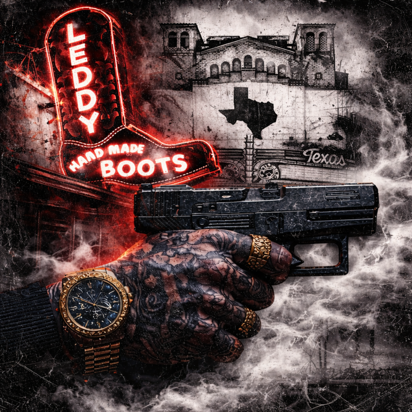 Gritty Texas brand artwork for Leddy Hard Made Boots featuring neon signage, a pistol, and classic Texas iconography.