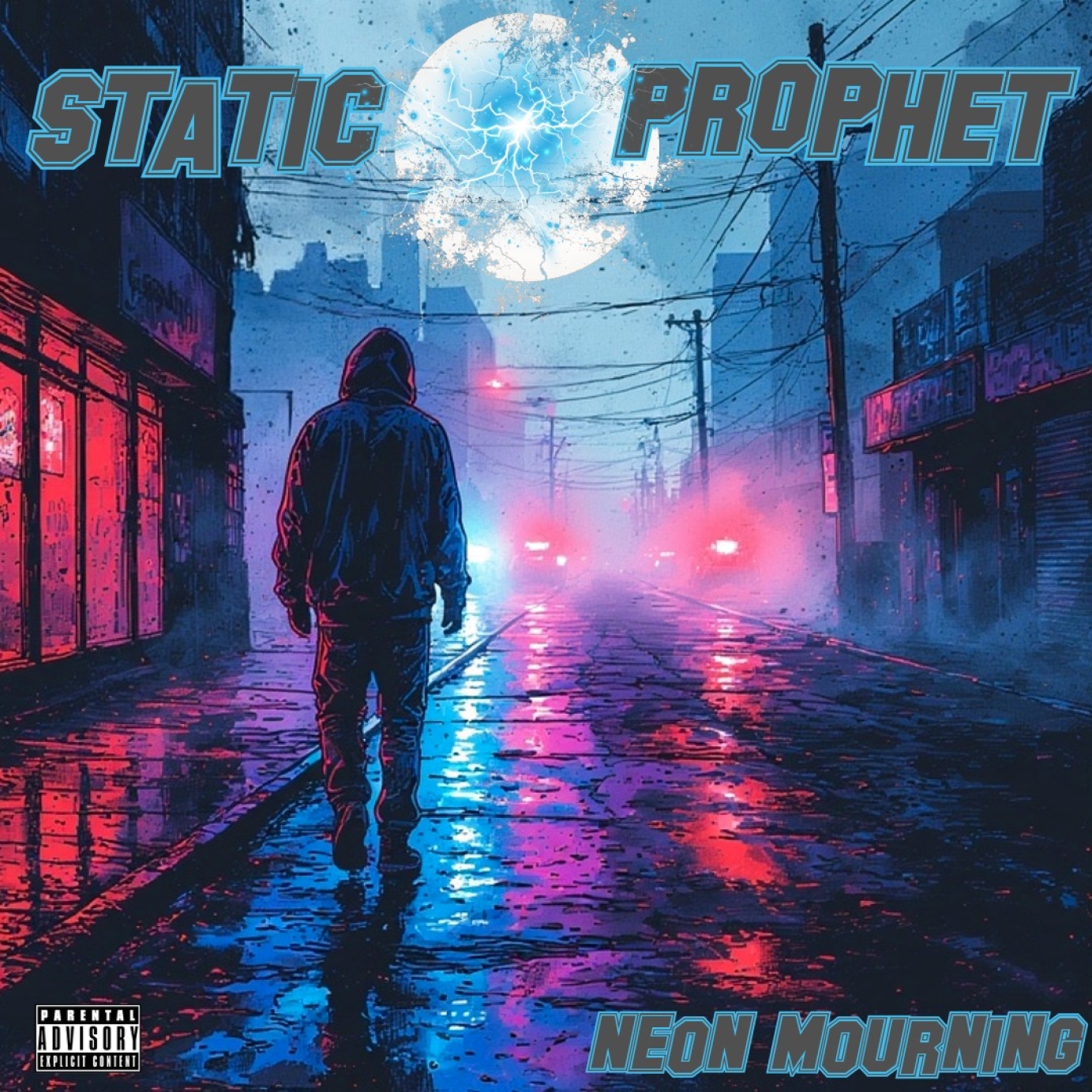 Cinematic neon-lit album cover for Static Prophet's Neon Mourning — lone figure walking a rain-soaked alley under a full moon.