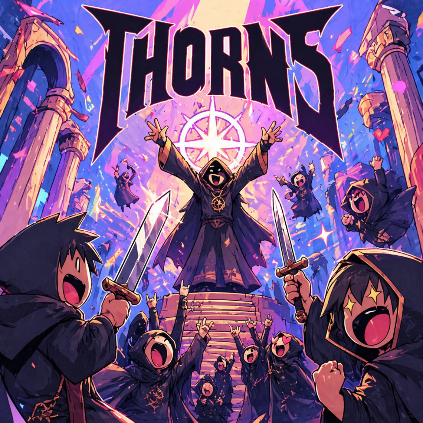 Vibrant anime-inspired album cover concept for Thorns with a cloaked figure wielding a sword surrounded by followers in a gothic hall.