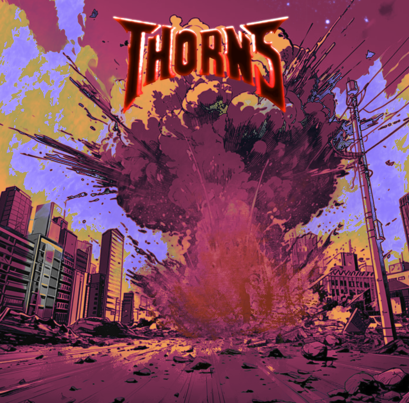 Comic-style album cover concept for Thorns showing a massive explosion ripping through a city with bold retro coloring.