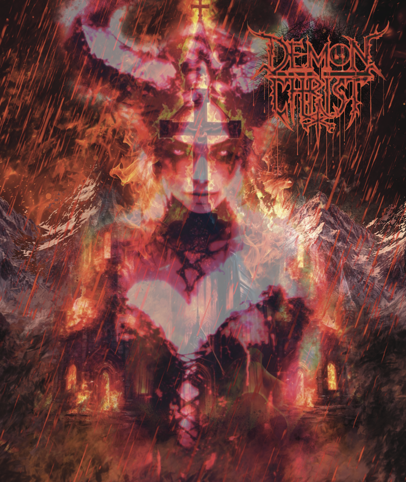 Intense fire and chaos-driven album cover for Demon Christ — a burning figure surrounded by hellish flames and distorted imagery.
