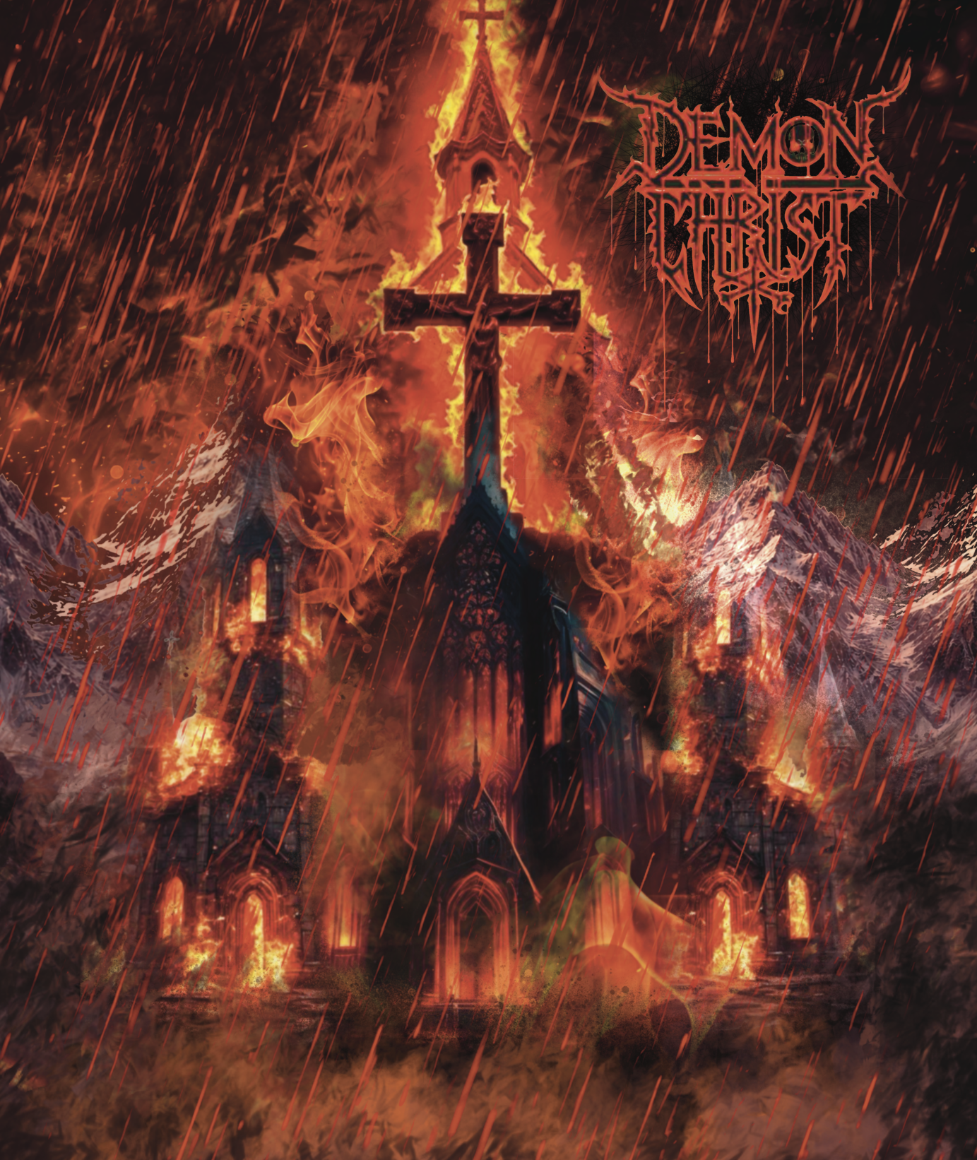 Dark religious album cover for Demon Christ featuring a burning cross inside a gothic church engulfed in hellfire.