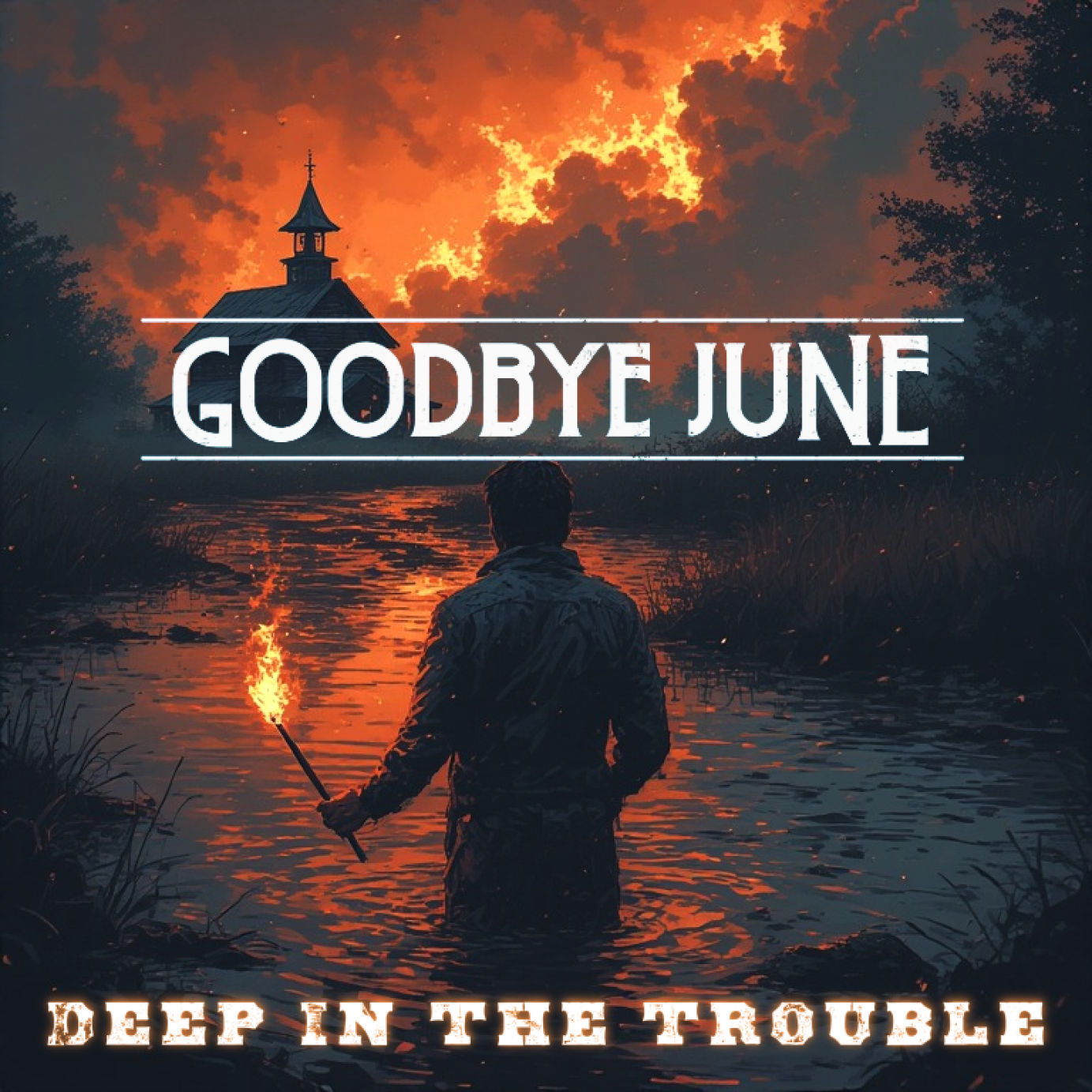 Single cover for Goodbye June's 'Deep in the Trouble' — a lone figure holding a torch walking toward a burning church under a stormy sky.