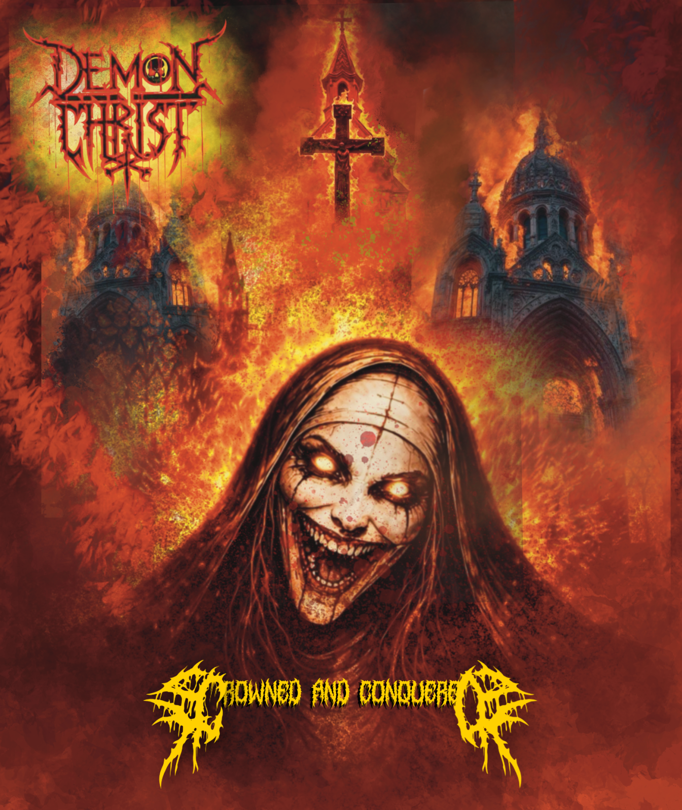 Album cover for Demon Christ's 'Crowned and Conquered' featuring a demonic nun figure in front of burning churches and a cross.