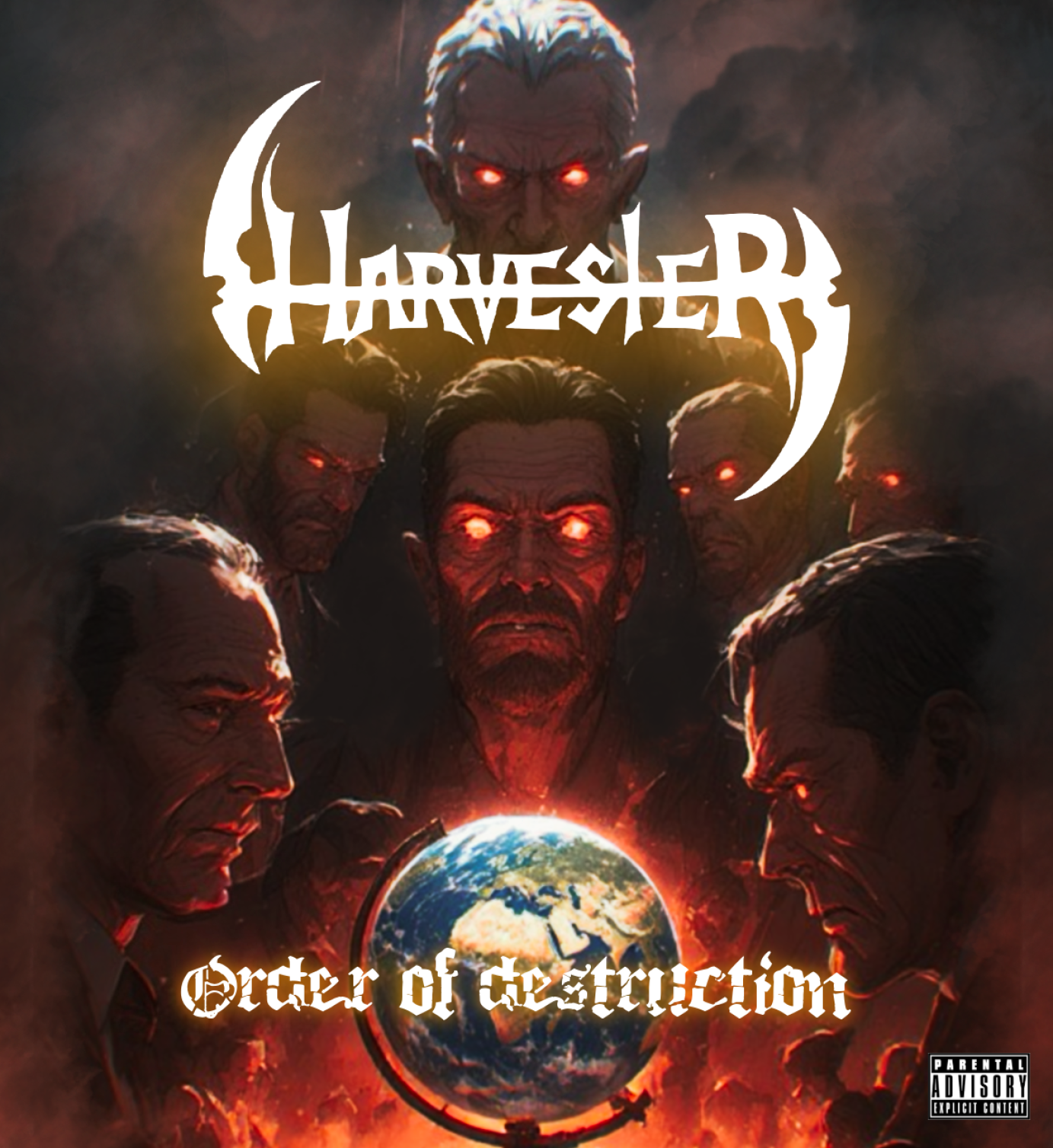 Final photorealistic album cover for Harvester's Order of Destruction — a group of glowing-eyed figures surrounding a man holding a globe on fire.