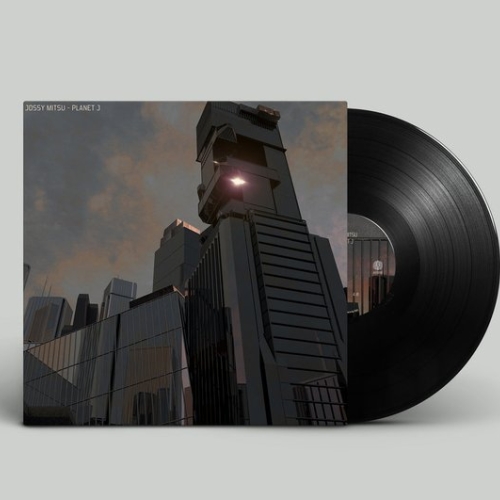 Image shows a vinyl front cover featuring tall grey-blue glossy buildings generated from digital 3D, against a grey and brown sky.