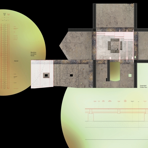 Plan architectural design drawing for the warm earth lab creative arts platform, designed by rove studio, situated in Thamesmead London.