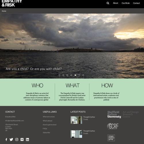 Website design for fine art platfrom Empathy and Risk, designed by Rove Studio. Image depicts the landing page to the website.