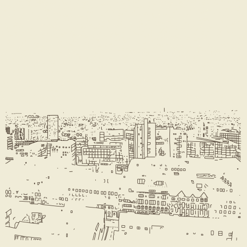 A cream album cover with dark brown line illustrations of a city, from a bird's eye view.