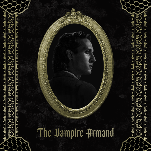 This is a poster featuring Assad Zaman's Armand. This was created for a fan-organised birthday online exhibition in 2025 (check it out here!). His side profile is visible. The slightly-distressed photograph is in black-and-white and is inside an ornate oval-shaped gold frame. This photo frame is placed over a distressed black background.  The border around this poster is the piece de resistance - the corner pieces of this have been inspired by the horseshoe arch and hexagon-shaped jali screens - two common