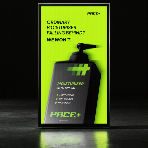 A poster on a billboard for the fictional skincare brand "Pace+"