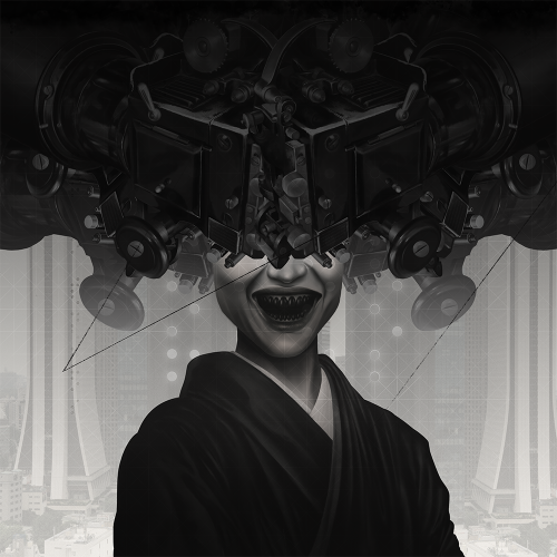 Dark art artwork, japanese, black and white, digital art, japanese woman with black teeth and buildings on the back, horror