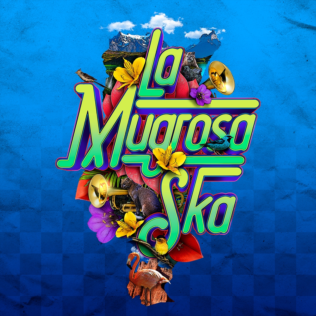 Collage artwork with flowers and animals on a blue background