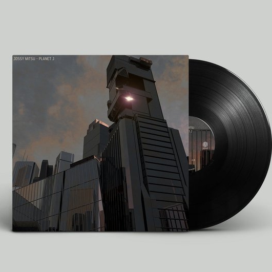 Image shows a vinyl front cover featuring tall grey-blue glossy buildings generated from digital 3D, against a grey and brown sky.