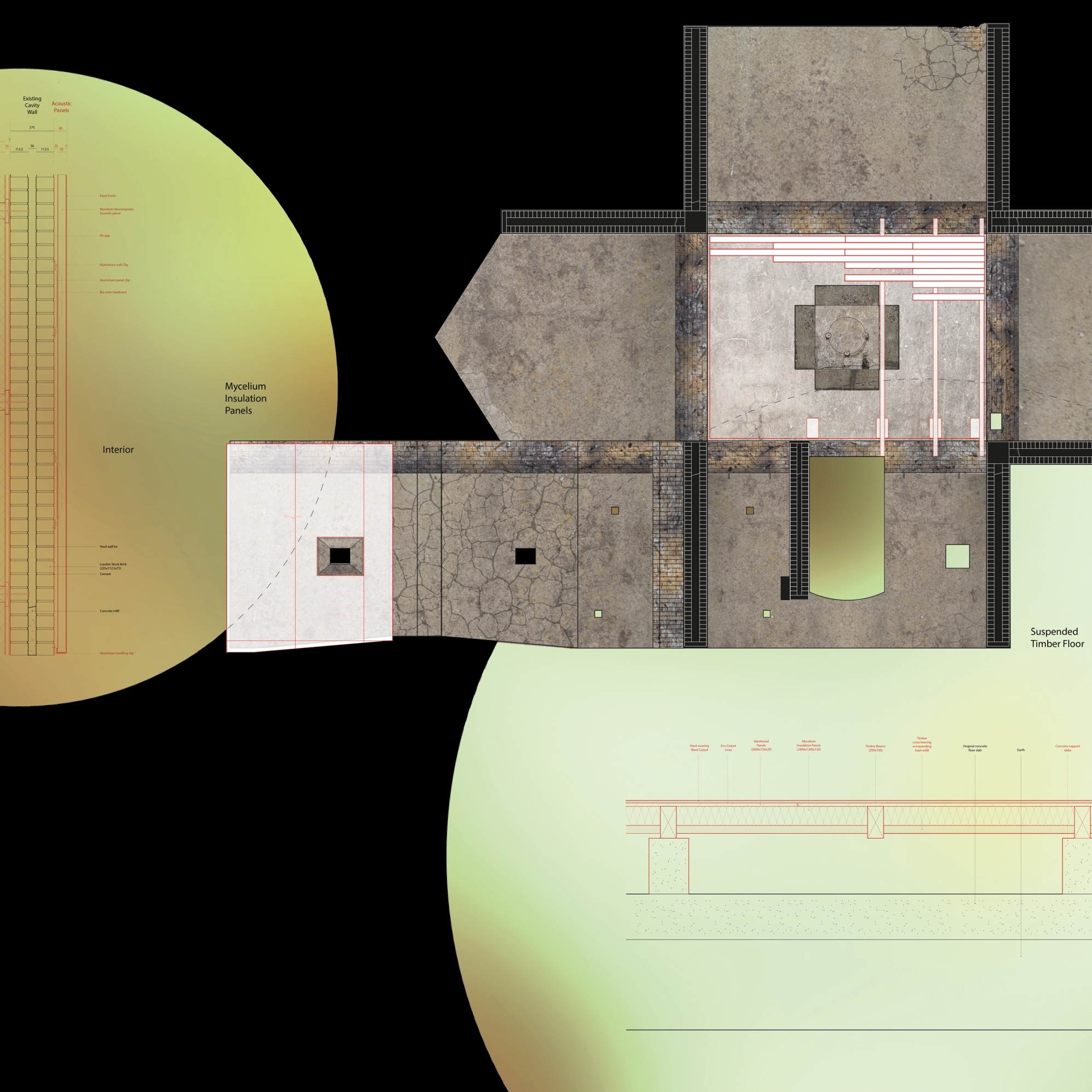 Plan architectural design drawing for the warm earth lab creative arts platform, designed by rove studio, situated in Thamesmead London.