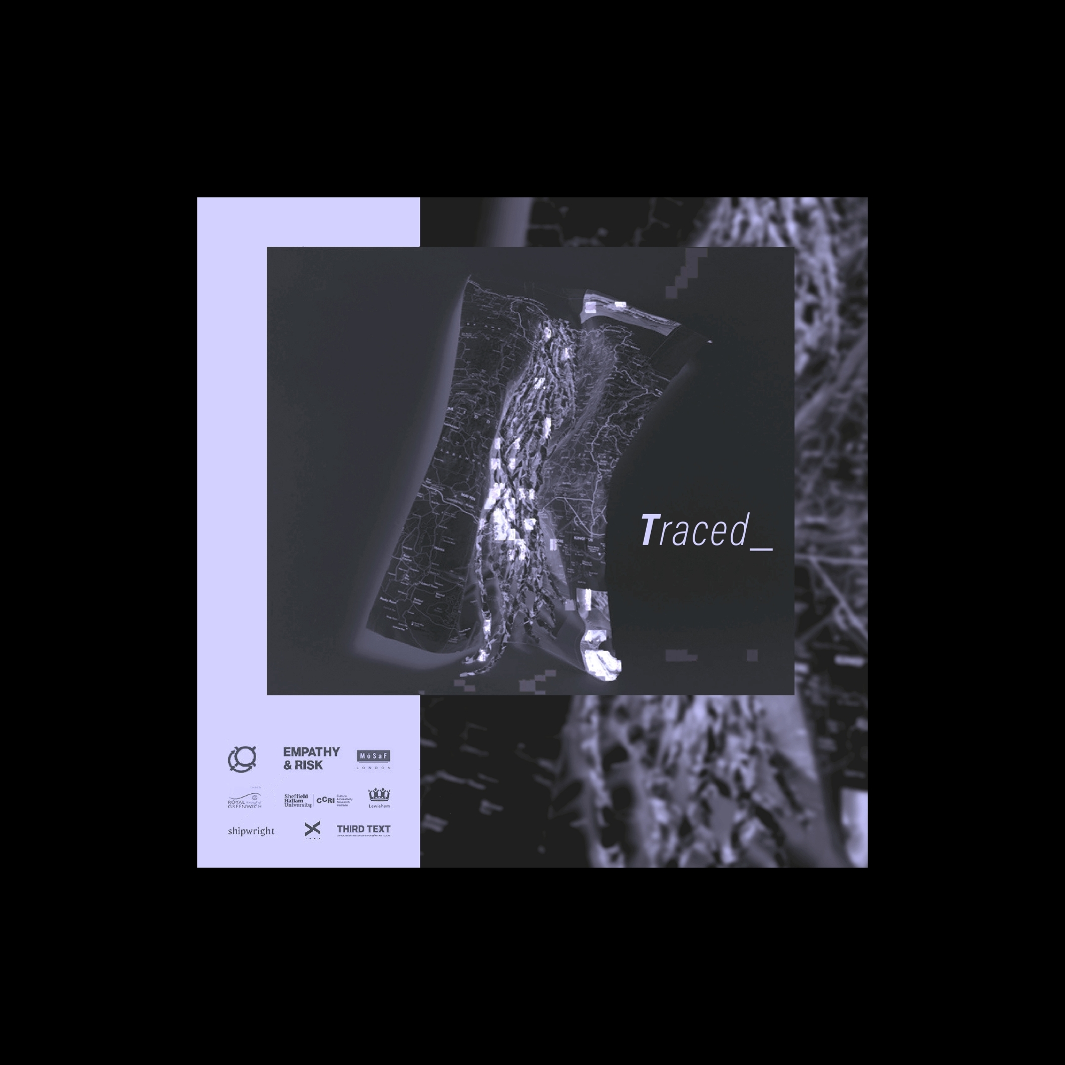 A square cover page for the graphic charter describing the Rove Studio visual identity design for Traced Arts program, commissioned by Empathy & Risk in collaboration with the Museum of Slavery and Freedom, Deptford.