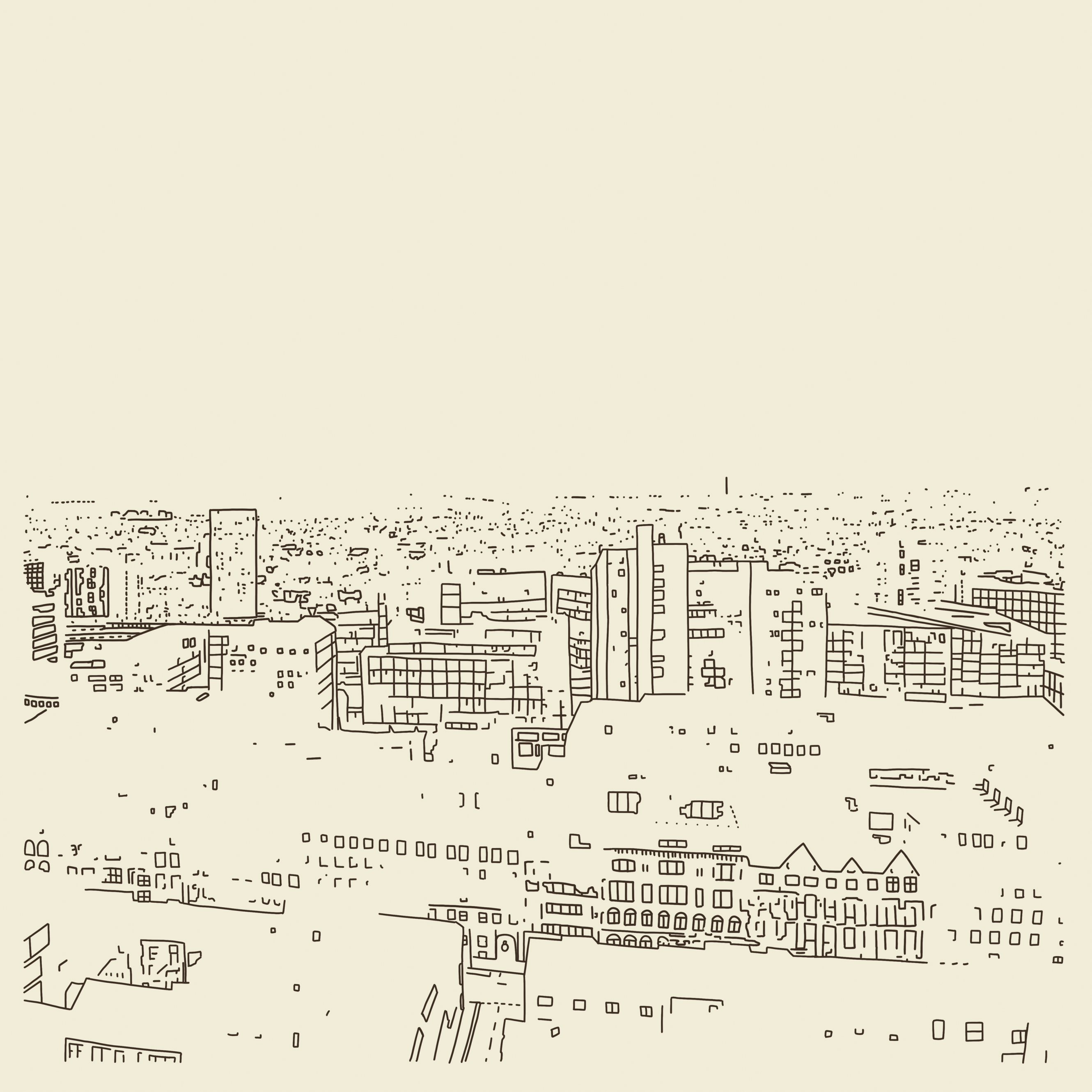 A cream album cover with dark brown line illustrations of a city, from a bird's eye view.