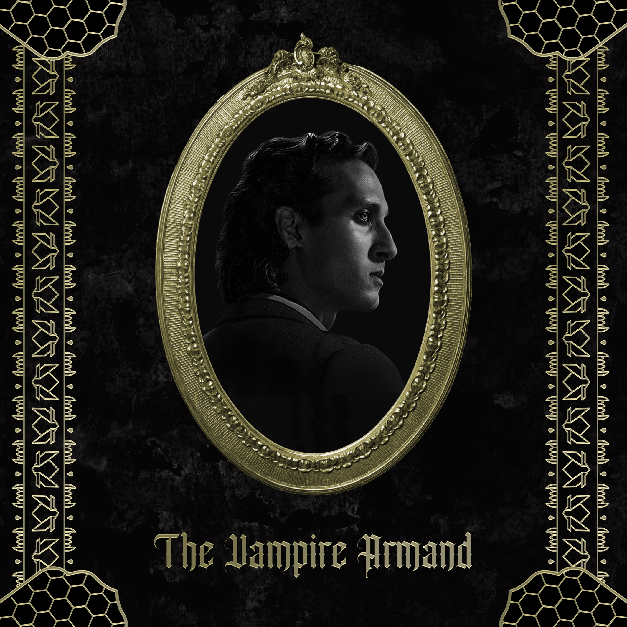 This is a poster featuring Assad Zaman's Armand. This was created for a fan-organised birthday online exhibition in 2025 (check it out here!). His side profile is visible. The slightly-distressed photograph is in black-and-white and is inside an ornate oval-shaped gold frame. This photo frame is placed over a distressed black background.  The border around this poster is the piece de resistance - the corner pieces of this have been inspired by the horseshoe arch and hexagon-shaped jali screens - two common