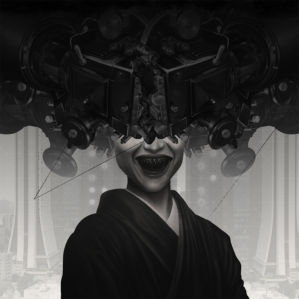 Dark art artwork, japanese, black and white, digital art, japanese woman with black teeth and buildings on the back, horror